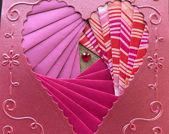 Bright pink Iris Fold scalloped heart love birthday card