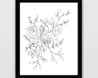 Floral Line Art Print, Black & White, Minimalist Illustration (Digital Download)