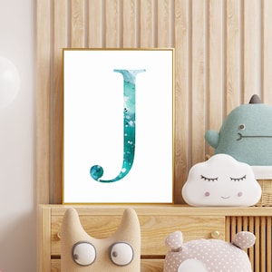 Letter &quot;J&quot; digital Art Print, Modern Letters, home decor Teal &quot;J&quot; Art Print, Watercolor lettering, Simple Decor, Digital art, Initials Print