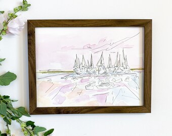 Sailboat Painting, original, watercolor and ink illustration, costal painting, ocean art, drawing, pink, blue, wall artwork, 9x12,