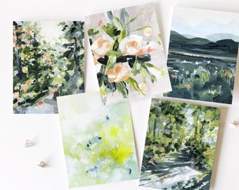 Abstract Nature Art Cards, Colorful Botanical Stationery Set (5 Cards + Envelopes)