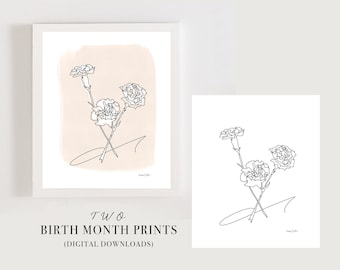 Printable - January Birth Month Flower, Carnation illustration, wall art, nursery print, January birthday gift, digital download