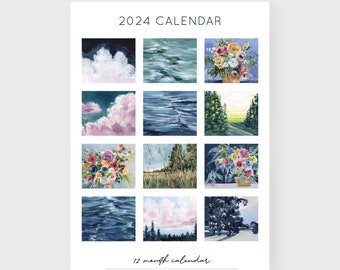 2024 Wall Calendar, Monthly Calendar, Art Calendar For Hanging, Original Landscape Wall Art, Floral Print, Ocean Wall Art, Cloud Paintings