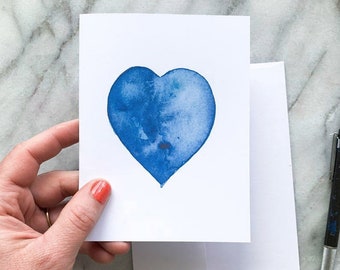 Mothers Day Card, simple card, Anniversary Card, Watercolor heart, Stationery Blue, mom Card, Gift for her, Minimal card, Love