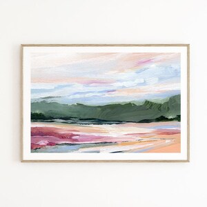 Abstract Landscape, Relaxing Wall Art, Colorful Wall Art, Spring Art Print, Green Landscape, Living Room Art, Horizontal art Kendra Castillo, peach, pink, green orange wall art, contemporary wall art, bold wall art