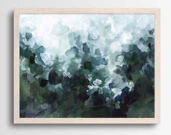 May include: Abstract painting with a white background and a gradient of blue and green paint. The paint is applied in a loose, gestural style, creating a sense of movement and depth.