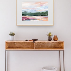 Abstract Landscape, Relaxing Wall Art, Colorful Wall Art, Spring Art Print, Green Landscape, Living Room Art, Horizontal art Kendra Castillo, peach, pink, green orange wall art, contemporary wall art, bold wall art, statement art