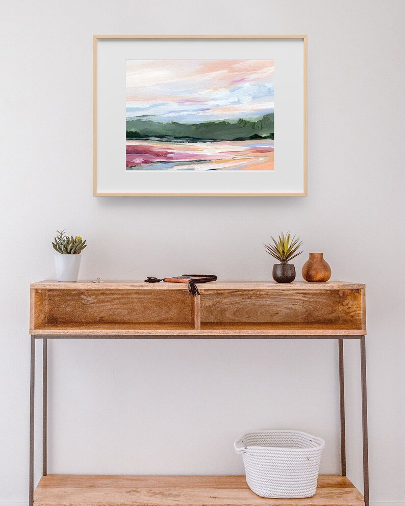 Abstract Landscape, Relaxing Wall Art, Colorful Wall Art, Spring Art Print, Green Landscape, Living Room Art, Horizontal art Kendra Castillo, peach, pink, green orange wall art, contemporary wall art, bold wall art, statement art