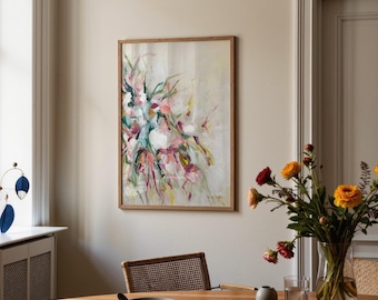 Abstract Floral Art Print, Soft Pink Cream Sage, Modern Decor
