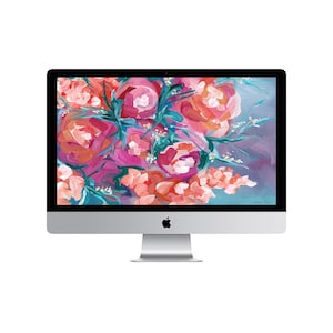 Op de afbeelding: Een computermonitor die een digitale schildering toont van een boeket roze, rode en oranje bloemen met teal groene bladeren op een blauwe achtergrond.