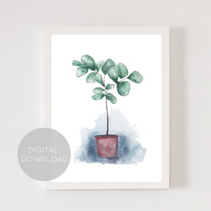 Może przedstawiać: Akwarela przedstawiająca roślinę doniczkową z zielonymi liśćmi i brązową doniczką. Roślina jest umieszczona na jasnoniebieskim tle akwarelowym.