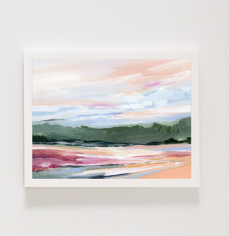 Abstract Landscape, Relaxing Wall Art, Colorful Wall Art, Spring Art Print, Green Landscape, Living Room Art, Horizontal art Kendra Castillo, peach, pink, green orange wall art, contemporary wall art, bold wall art, statement art