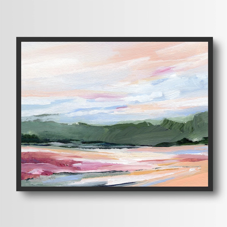 May include: Abstract landscape painting with a pink, white, and blue sky, green hills, and a pink and white foreground.