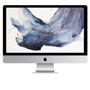 Op de afbeelding: Een computermonitor die een digitale abstracte schildering toont van een blauwe en grijze aquarelzwirling op een witte achtergrond.