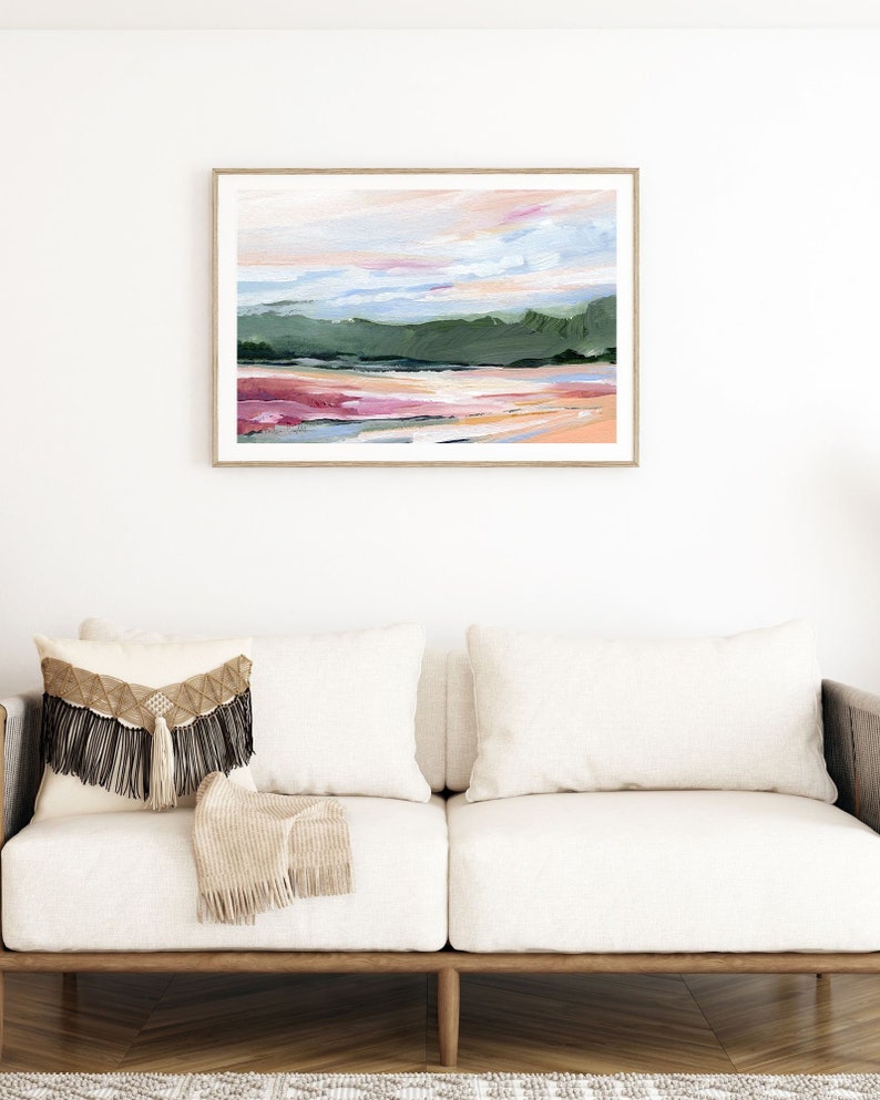 Abstract Landscape, Relaxing Wall Art, Colorful Wall Art, Spring Art Print, Green Landscape, Living Room Art, Horizontal art Kendra Castillo, peach, pink, green orange wall art, contemporary wall art, bold wall art