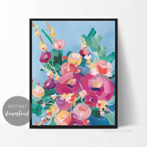 Printable, Abstract flower Print, multicolored art, colorful floral painting, instant art, colorful room decor, playful wall art, blue, pink