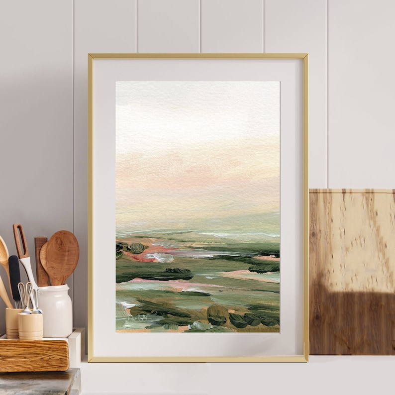 Abstract Landscape painting, vertical print, neutral wall art, relaxing artwork, beige wall art, green landscape, fall wall art, autumn art Warm tone abstract landscape print. Vertical wall art, peach, green and white painting by Kendra Castillo