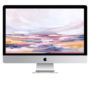 May include: Abstract digital art desktop wallpaper featuring a landscape with a soft, pastel color palette of pink, purple, blue, and yellow. The artwork has a painterly style with brushstrokes visible.
