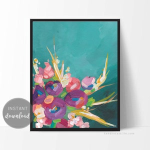 Bright wall art, Teal, Tropical art print, bold floral print, botanical, bright pink flowers, multi, colorful bedroom print, plant painting