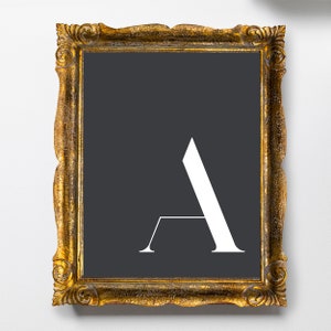 Op de afbeelding: Een versierd gouden frame met een zwarte achtergrond en een witte letter A in het midden.
