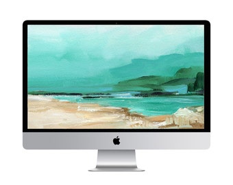 Desktop Wallpaper for Computer, INSTANT DOWNLOAD, art landscape Screensaver, Desktop Background, Landscape, Colorful painting, Teal, beach