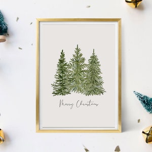 Merry Christmas Print, Evergreen trees, cute christmas print, holiday wall art, holiday decor, xmas print, watercolor trees, christmas trees