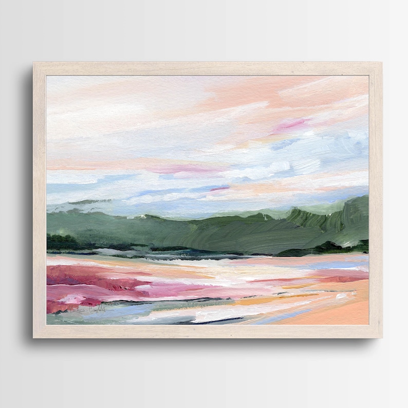 May include: Abstract landscape painting with a pink, peach, and green color scheme. The painting depicts a distant mountain range with a sky filled with clouds.