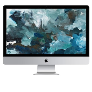 May include: A silver iMac computer displays an abstract painting with shades of blue, teal, and brown. The artwork features brushstrokes and a textured appearance, creating a modern aesthetic. The Apple logo is visible at the bottom.