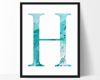 Letter "H" digital typography Print, Modern letter, Watercolor, Simple Decor, Digital Download, home decor, Nursery artwork, nursery letters