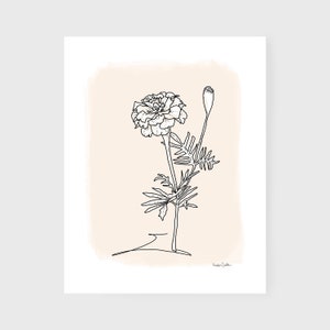 May include: Line art drawing of a marigold flower with a bud on a beige background. The artist's signature is in the bottom right corner.