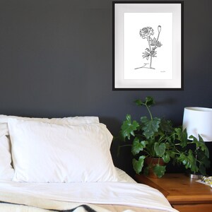 May include: A black and white line drawing of a marigold flower in a simple white frame. The frame is hanging on a dark gray wall above a white bed with a white blanket and a white pillow.