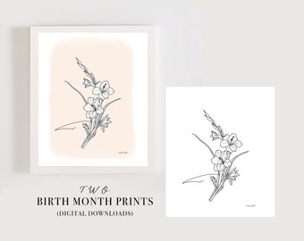 August Birth Flower, Gladiolus, flower illustration, kids room art, Birth flower print, download, August Birthday Gift, birth flower art