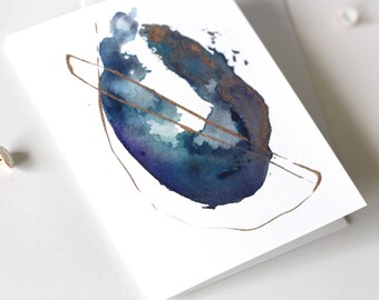 Abstract watercolor Art Card, Blank, Modern card, Any occasion, unique card, birthday, thank you, blue gold card, Just because note card