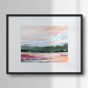 May include: Abstract landscape painting with a pink, green, and blue color scheme. The painting depicts a distant mountain range with a soft, hazy sky above.
