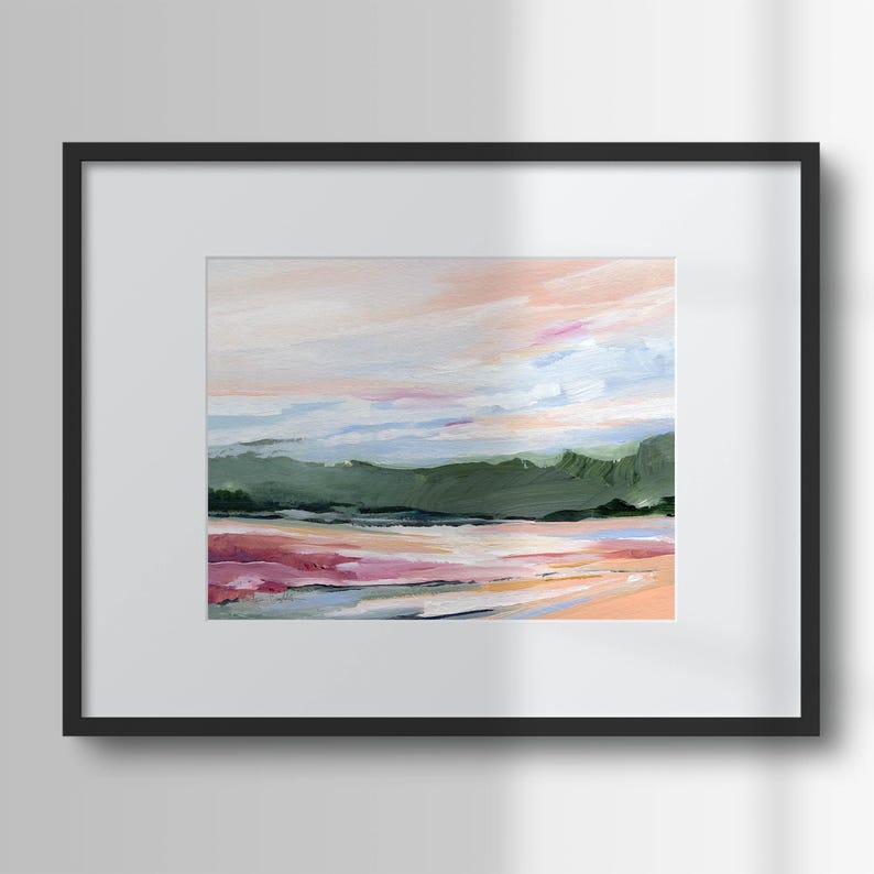 May include: Abstract landscape painting with a pink, green, and blue color scheme. The painting depicts a distant mountain range with a soft, hazy sky above.