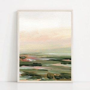 Abstract Landscape painting, vertical print, neutral wall art, relaxing artwork, beige wall art, green landscape, fall wall art, autumn art Warm tone abstract landscape print. Vertical wall art, peach, green and white painting by Kendra Castillo