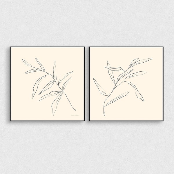 minimalist wall art, nature print, digital download, botanical prints, modern farmhouse wall decor, leaf drawing - set of 2