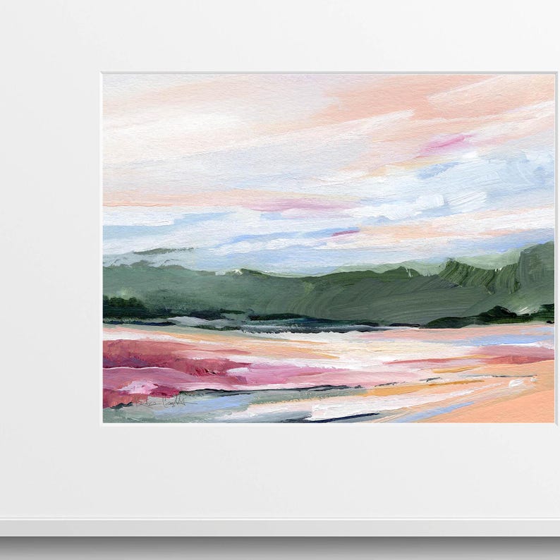 May include: Abstract landscape painting with a pink, orange, and blue sky, green hills, and a pink and white foreground.