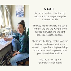 May include: A woman sits at a table, drawing a black and white illustration. The text "ABOUT" is at the top of the image, followed by a description of the artist's inspiration and a call to action to find the artist on Instagram.