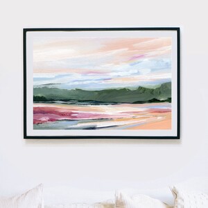 Abstract Landscape, Relaxing Wall Art, Colorful Wall Art, Spring Art Print, Green Landscape, Living Room Art, Horizontal art Kendra Castillo, peach, pink, green orange wall art, contemporary wall art, bold wall art, statement art