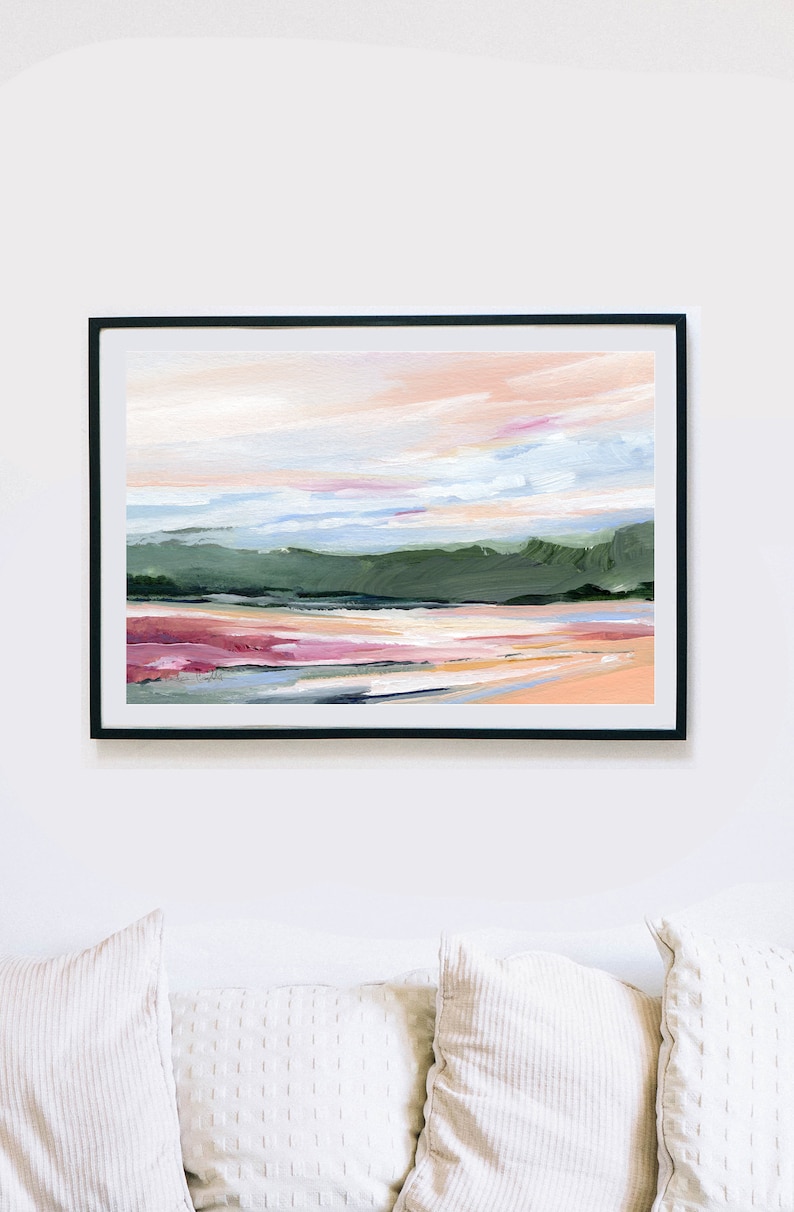 Abstract Landscape, Relaxing Wall Art, Colorful Wall Art, Spring Art Print, Green Landscape, Living Room Art, Horizontal art Kendra Castillo, peach, pink, green orange wall art, contemporary wall art, bold wall art, statement art