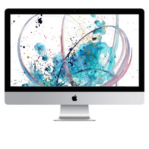 May include: Abstract digital art featuring a blue, teal, and gold watercolor design with splashes of color on a white background.