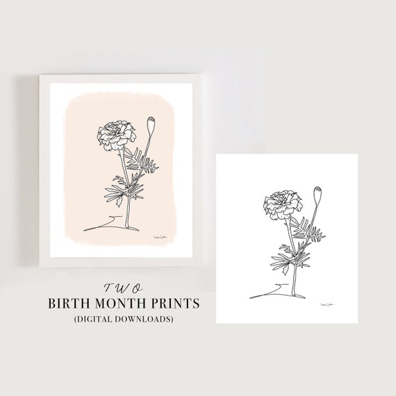 October Birth Flower, Personalized Birthday Gift, Mothers Day Gift, Gift for Her, Birth Flower Print, Marigold Flower, Printable, Set of 2