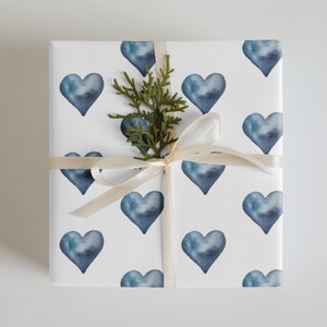pretty heart wrapping paper, watercolor, blue, birthday, christmas, anniversary gift wrap