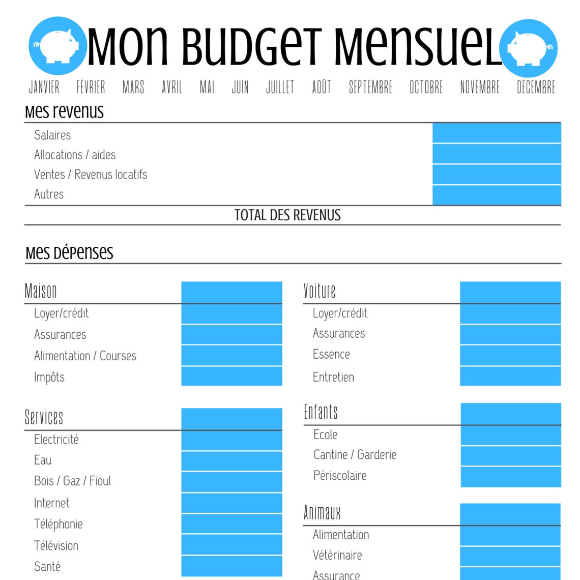Budget mensuel bleu à imprimer Finance planner Budget Etsy France