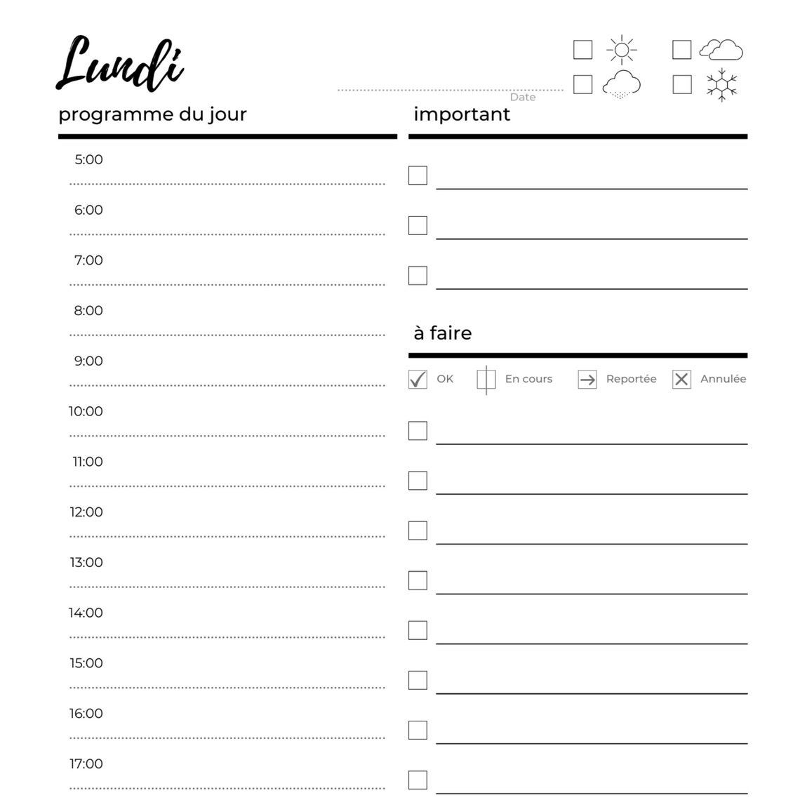 Planning perpétuel journalier à imprimer au format A4 et A5 Etsy
