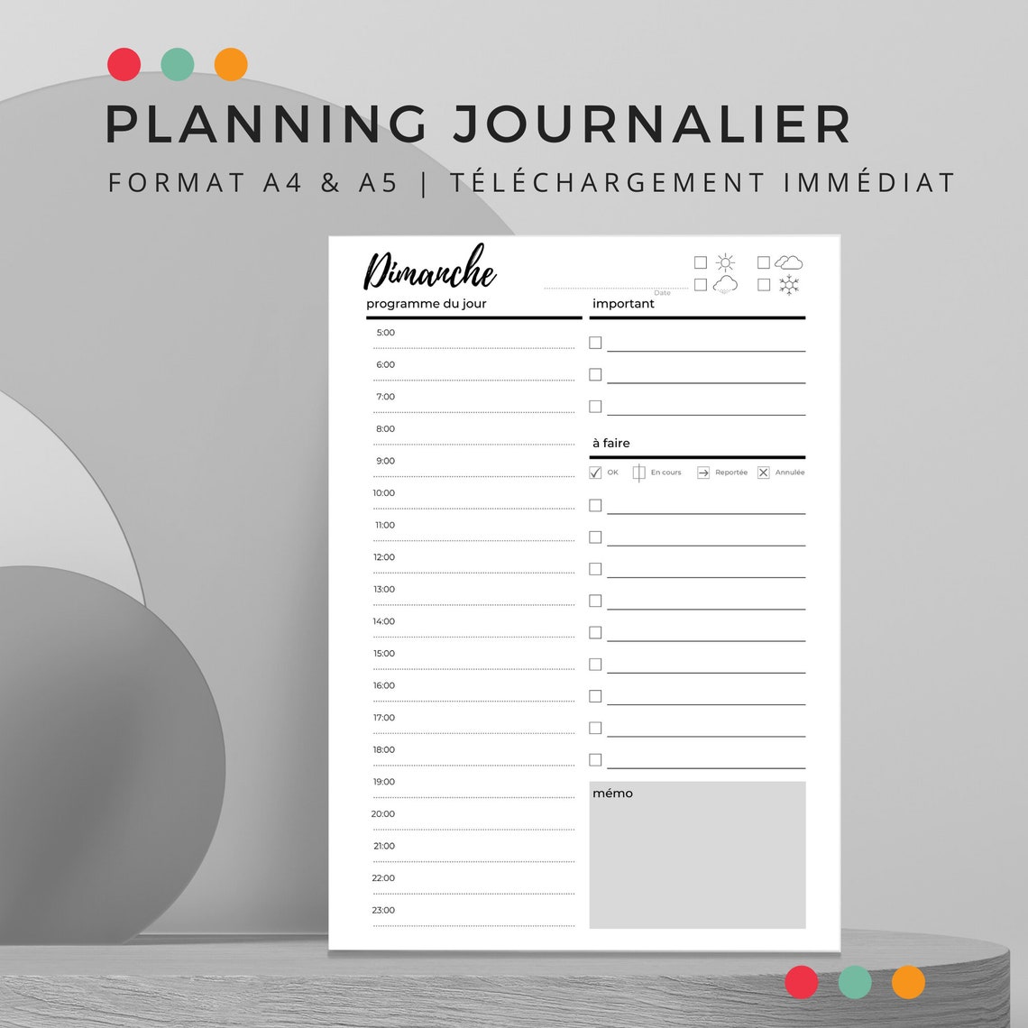 Planning perpétuel journalier à imprimer au format A4 et A5 Etsy France