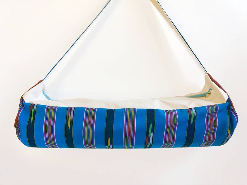 Yoga Travel Bag Thai Sarong Turquoise Yoga Bag in Woven Fabric Tribal Yoga Mat Bag Teal Blue Ikat Print Large Yoga Mat Carrier