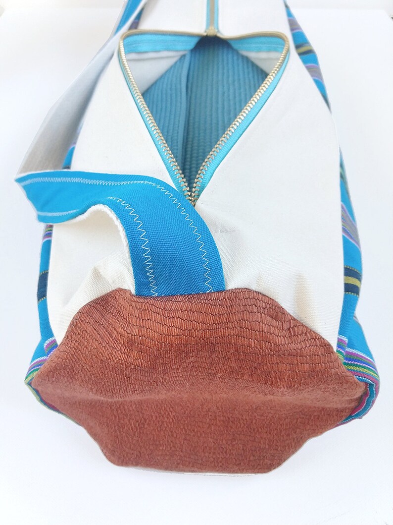 Yoga Travel Bag Thai Sarong Turquoise Yoga Bag in Woven Fabric Tribal Yoga Mat Bag Teal Blue Ikat Print Large Yoga Mat Carrier