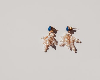 Lapis Lazuli & Pearl Cluster Earrings